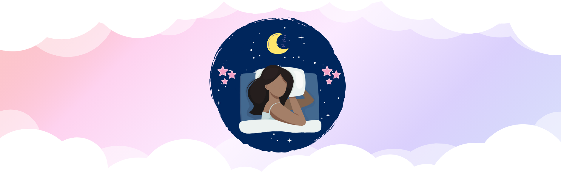 centered circle with night sky, stars, pink logo stars, and a woman sleeping; all on a pink-purple gradient background with clouds