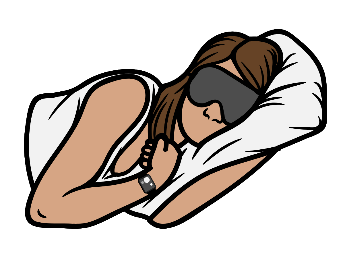 woman sleeping with actigraphy watch and sleep mask