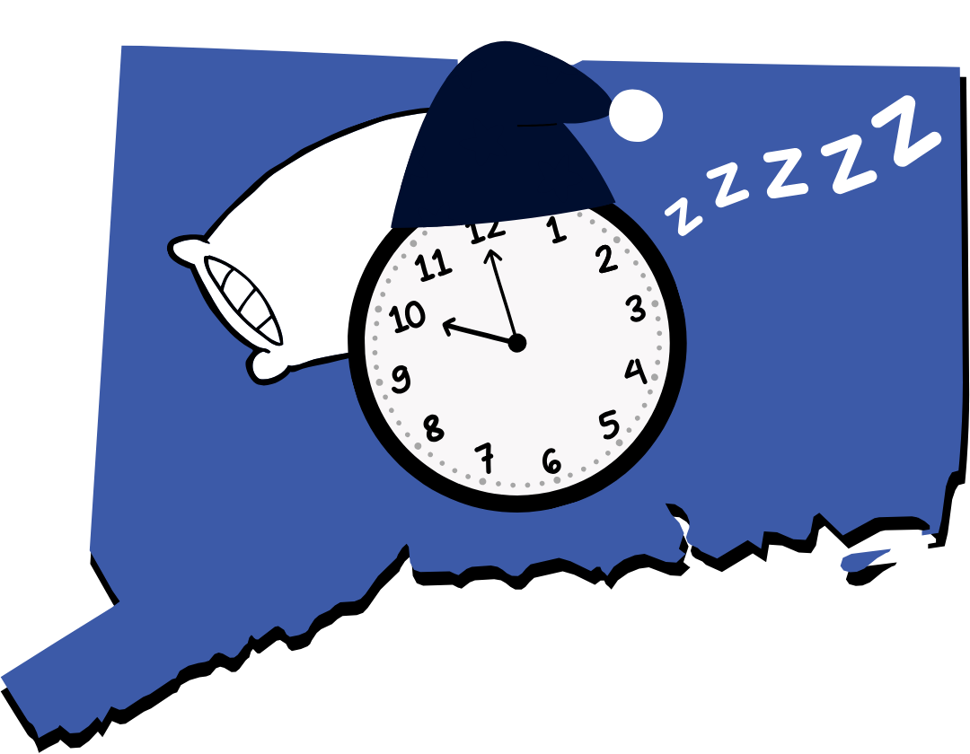 Clock with sleep cap sleeping on a pillow on the shape of Connecticut