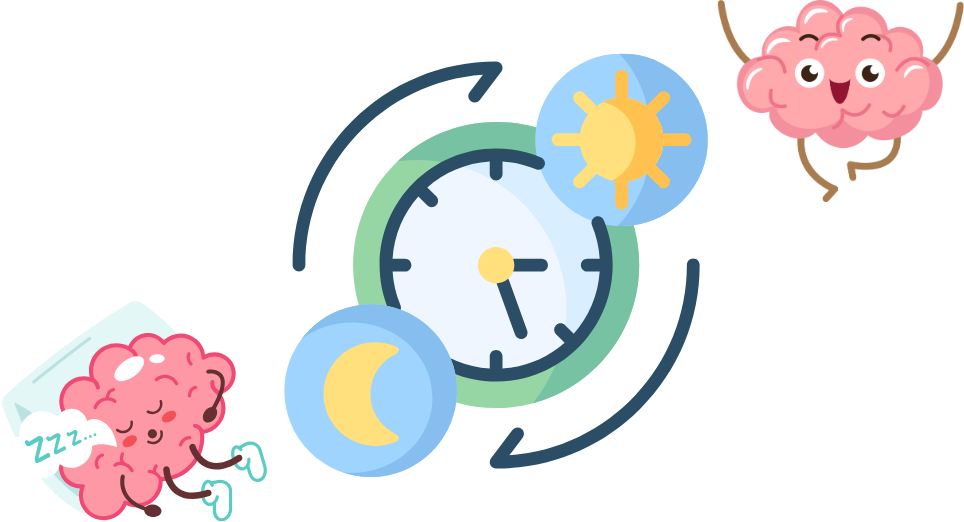 Clock with awake brain cartoon during the day and sleeping brain at night