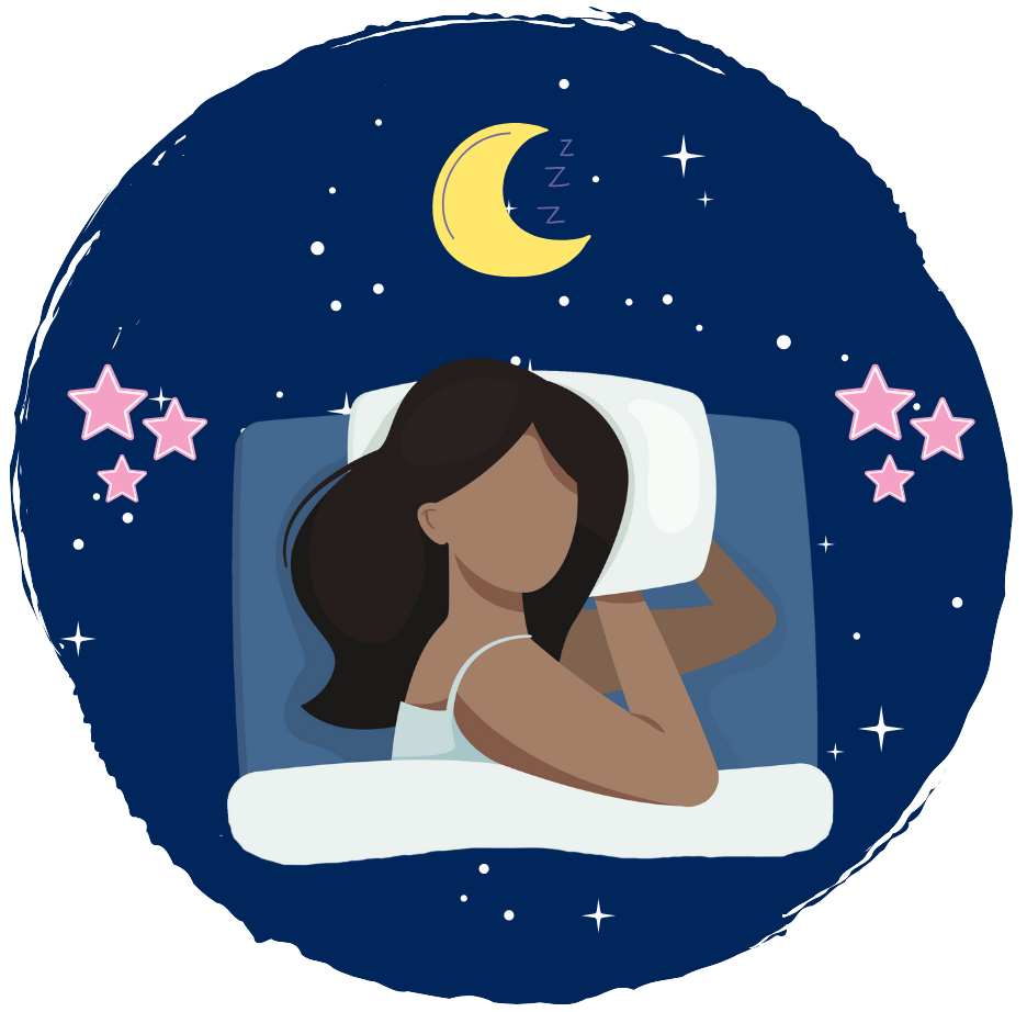 Women's study logo of woman sleeping with night sky, stars, and the moon all on a pink-purple gradient background with clouds