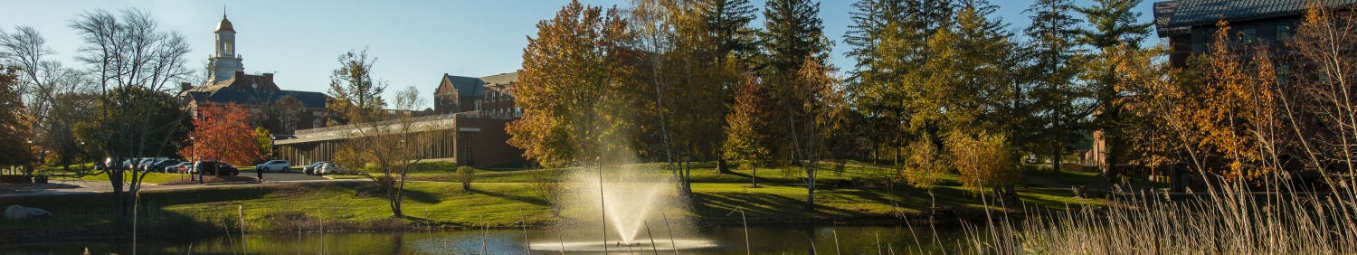 UConn Swan Lake fountain with the Elisabeth DeLuca School of Nursing in the background
