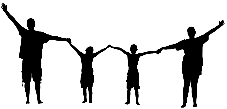 Silhouette of two adults and two children holding hands